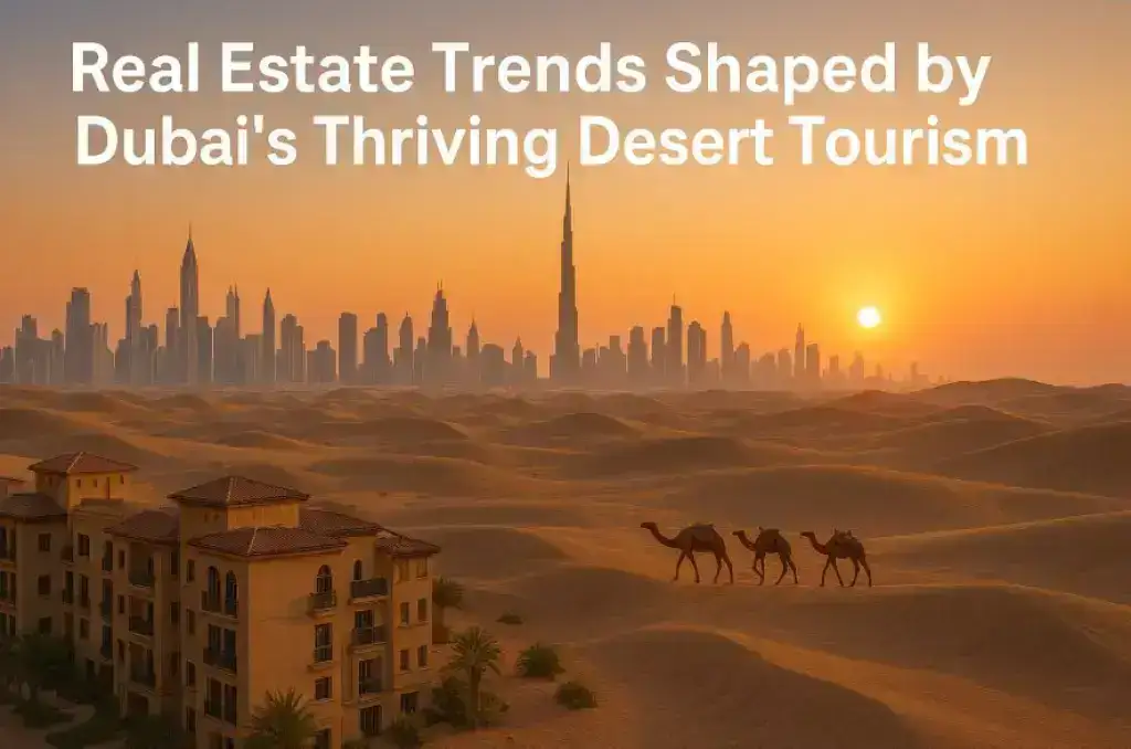 Dubai skyline with luxury apartments and camels in desert dunes at sunset – symbolizing real estate growth driven by tourism