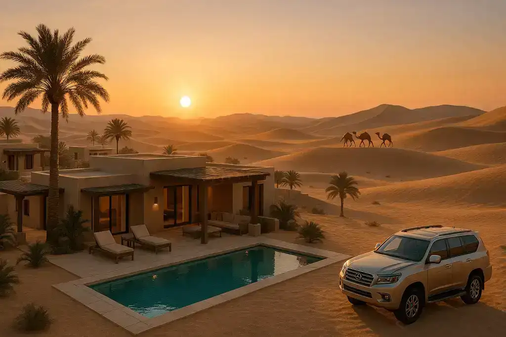 Profitable Prospects: Investing in Exclusive Desert Safari Resorts Luxury desert safari resort with exclusive villas and sunset dunes – perfect investment opportunity