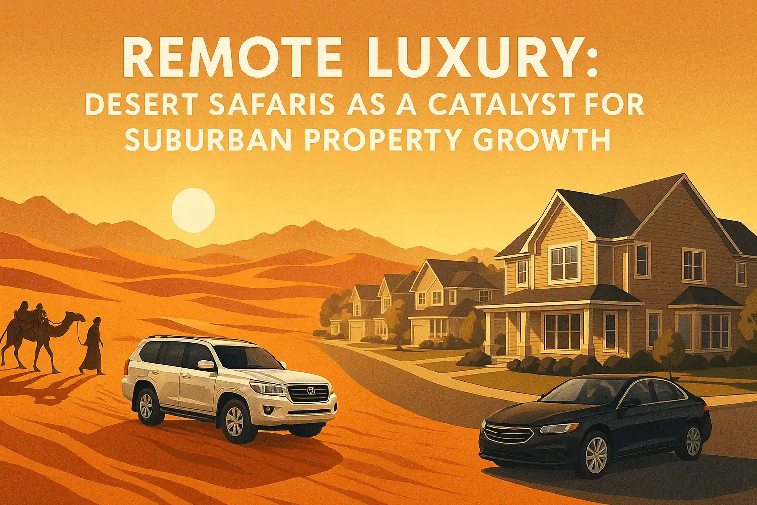 Illustration showing a desert safari scene blending into a suburban neighborhood, symbolizing growth