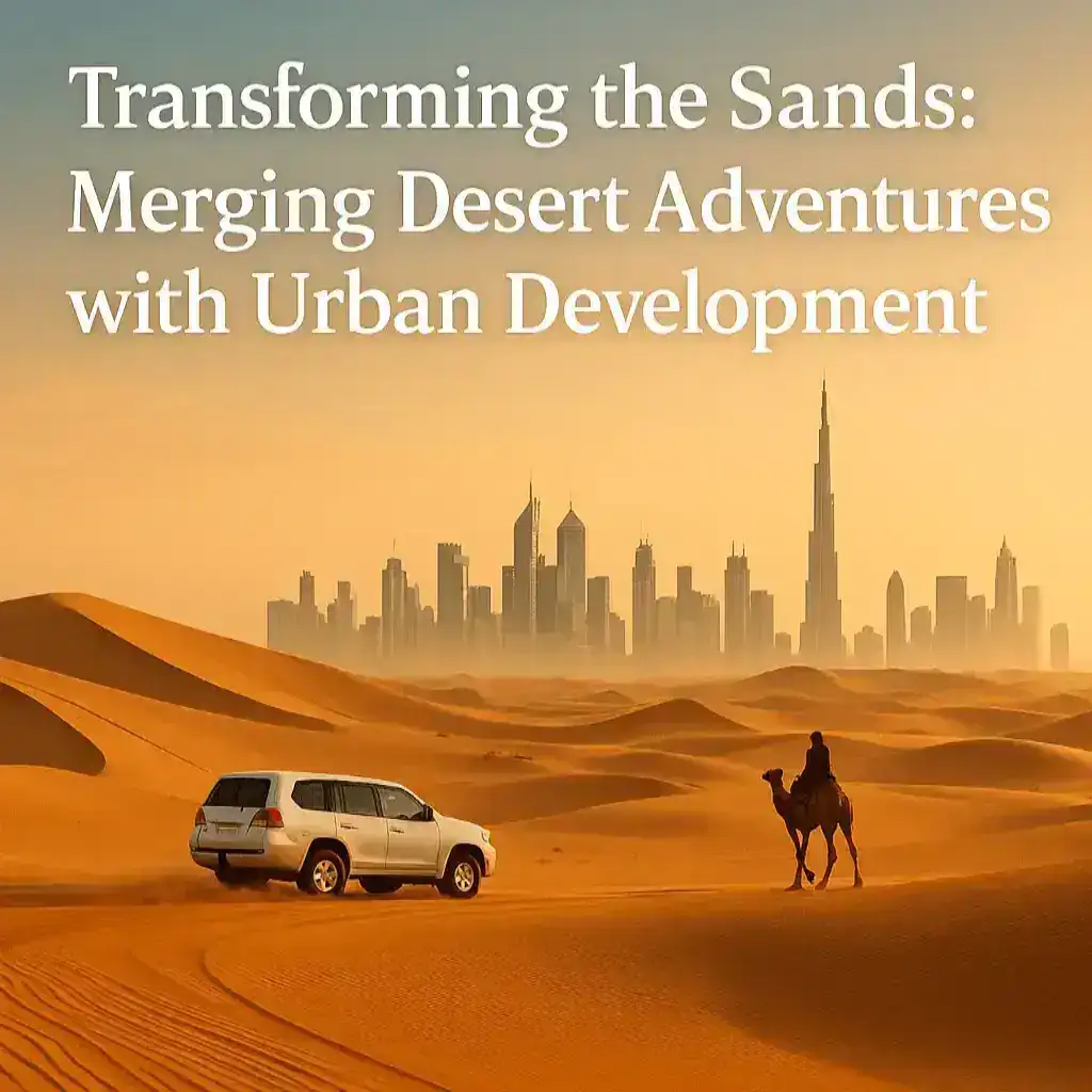 Dubai skyline emerging behind desert dunes with SUV and camel rider – symbol of urban development and desert tourism