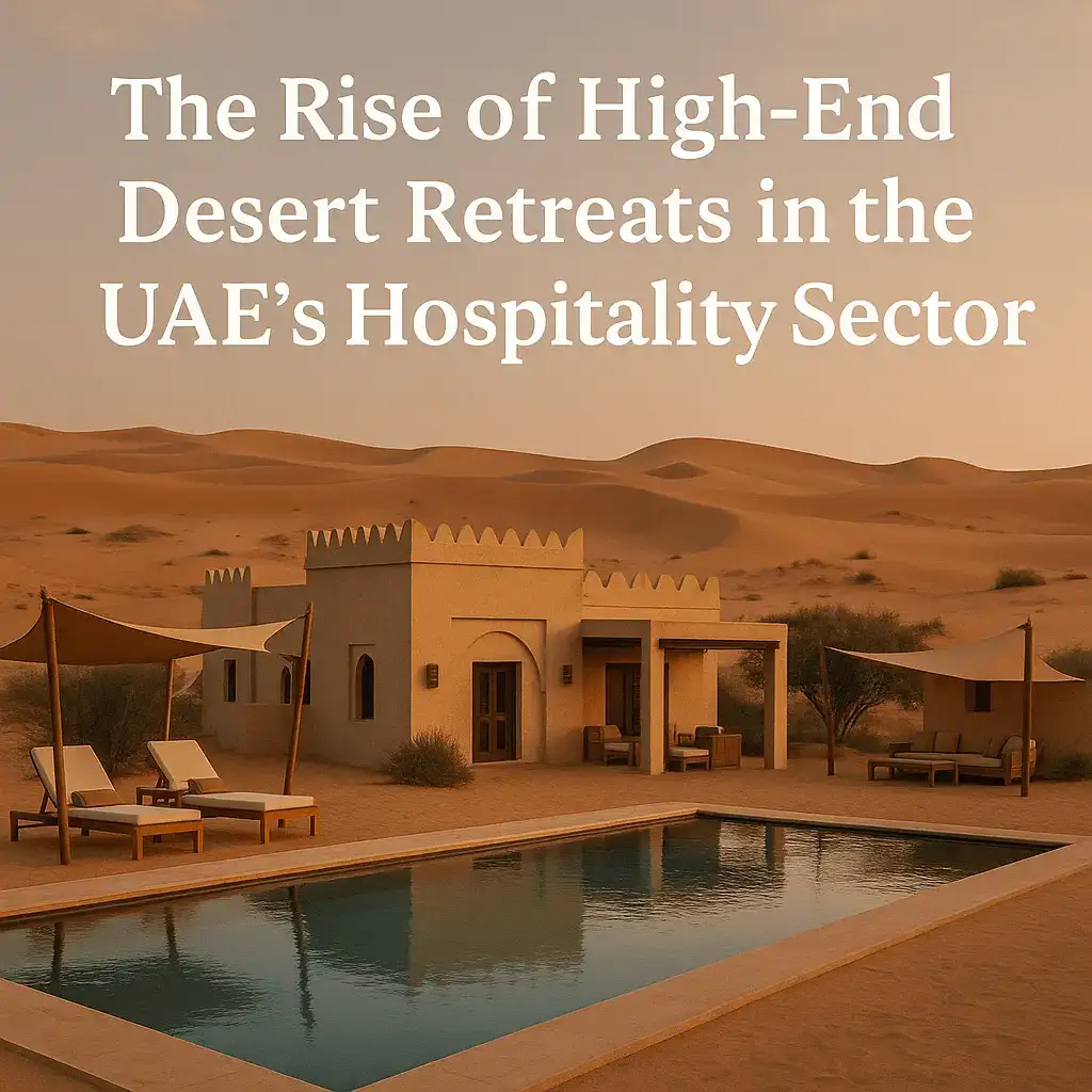 A luxurious desert retreat in the UAE with a traditional villa and a pool against the backdrop of sand dunes at sunset